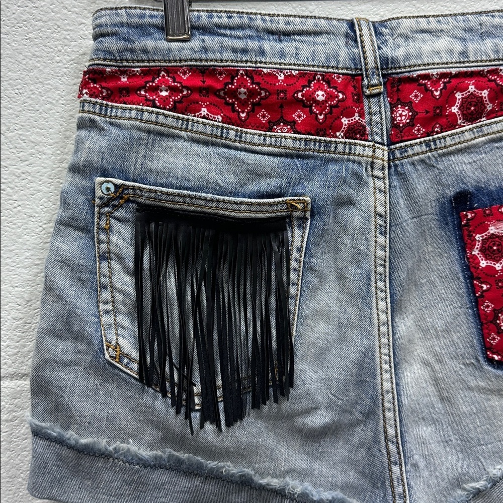 Pilcro by Anthropologie Jean Boho Fringe Denim Shorts w/ Red Bandana Detail - Picture 8 of 8